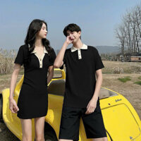 (Cao cấp) - Áo váy thun đôi, set đồ đôi đen gân suông body cổ trắng - Đồ đôi nam nữ Forever Couple Store