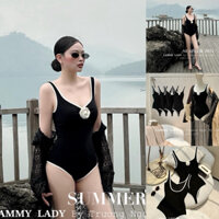 (CAO CẤP) Bộ đồ bơi, bikini nữ liền thân sát nách đen hoa trà viền trắng hở lưng gợi cảm (có sẵn)