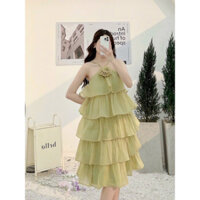 Cao cấp - Đầm cổ yếm phối 5 tầng đính hoa đũi tơ siêu xinh