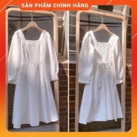 [CAO CẤP] Đầm trắng cổ vuông dài tay / Váy nữ viền ren hạt gạo chun lưng dáng dài, chất dày
