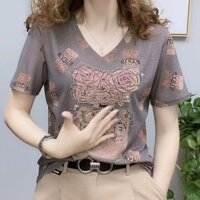 Cao Cấp Định Vị Hoa Kim Cương Nóng Thời Trang Cổ Chữ v Áo Thun Ngắn Tay Nữ Phong Cách Mới Thời Trang Mẹ Tính Khí Tuổi-Đỏ