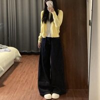 Cao Cấp Màu Xanh Đậm Quần Jean Hồng Kông Phong Cách Retro Thu Đông Mỏng Hơn Nhìn Phong Cách Mới Quần 2025 Ống Rộng Thẳng Rời Nữ