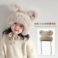 Cao Cấp- Mũ len dệt kim phối lông thỏ mềm mại cho bé gái. Hàng trần bông 2 lớp ấm áp