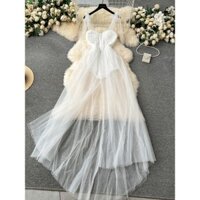 Cao Cấp Nhẹ Gạc Đầm Váy Cổ Tích Gạc Treo Váy Dài Thiết Kế Nữ Jumpsuit Giả Hai Mảnh Đầm