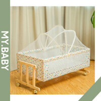 Cao Cấp- Nôi gỗ cho bé kèm màn, Nôi em bé sơ sinh có bánh xe di chuyển tiện lợi-My.Baby Offcial - Mẹ & Bé