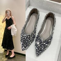 Cao Cấp Pháp Mũi Nhọn Giày Đế Bằng Nữ Phong Cách Mới Mùa Xuân Nông Miệng Tối Muỗng Giày Không Mệt Mỏi Đính Kim Sa Lấp Lánh Giày Đậu Hà Lan