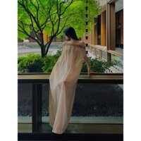 Cao Cấp Phong Cách Pháp Một Vai Đính Kim Sa Lấp Lánh Ống Top Đầm Nữ Thiết Kế Mùa Hè Lười Phong Cách Ngày Lễ Váy Dài Bên Biển