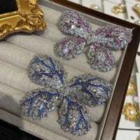 Cao Cấp Sang Trọng Full Kim Cương Xanh Lớn Bướm Thổ Cẩm Mạ Vàng Phóng Đại Thanh Lịch Côn Trùng Pin Nam Nữ Trâm Cài Pin