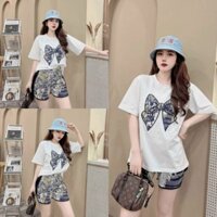 [CAO CẤP] Sét bộ đồ đùi sort nữ in họa tiết nơ siêu xinh