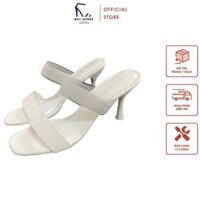 Cao gót bản đá màu trắng, mũi vuông, quai ngang - dép cao gót nhọn cao 7p - guốc cao gót hai quai ngang -dép gót 7cm