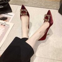 cao gót tiểu thư giày xuất xịn Giày cô dâu giày cưới Xiuhe váy cưới hai mang giày mũi nhọn màu đỏ giày cao gót mẫu mới giày đơn kiểu Pháp gót nhọn cho nữ