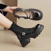 Cao Su Nông Miệng Giữa Gót (3-5cm) Giày Thấp Giày PU Đơn Dây Đeo Khóa Phẳng Ngón Chân Tròn Đế Bằng