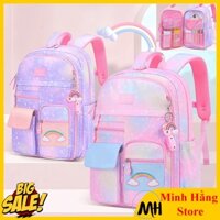 Cặp Balo học sinh nữ cấp 1,2,3 chống gù lưng chống thấm cho bé nữ tiểu trung học kèm móc khóa cầu vồng