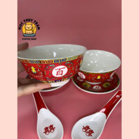 Cặp chén muỗng Hỷ Sự Đầy Đầy, bằng sứ, dùng ăn uống, các dịp vui, đám cưới