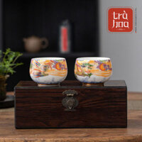 Cặp chén trà Long Phụng đế mạ vàng kèm hộp gỗ