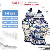 Cặp Chóe Bát Tràng Phong Thủy Men Lam 30 Lít | Họa Tiết Sơn Thủy Hữu Tình