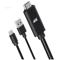 Cáp chuyển đổi màu đen có nguồn USB cho điện thoại được kết nối với TV máy chiếu