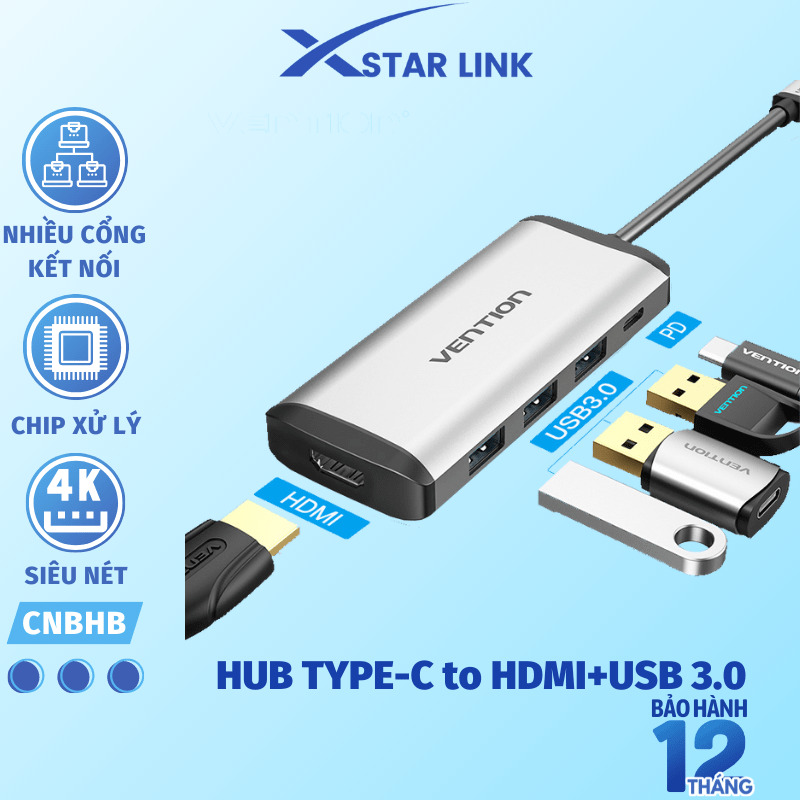 Cáp chuyển đổi Type-C sang HDMI 3 cổng USB 3.0  Type-C PD  Vention CNBHB