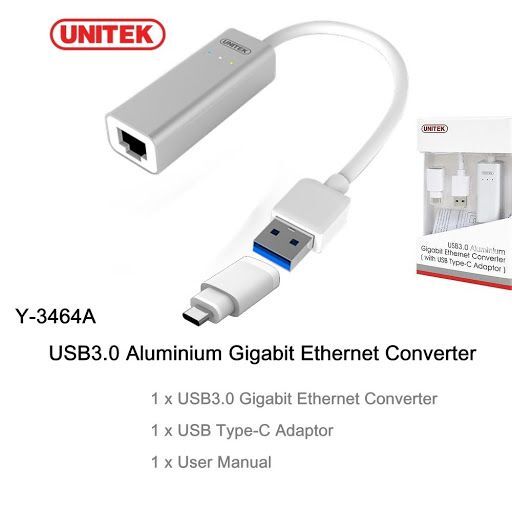 Cáp chuyển đổi USB 3.0 ra cổng Lan + Type C Unitek Y-3464A
