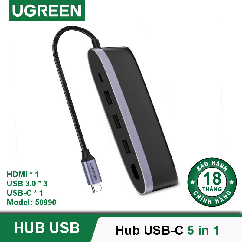 Cáp chuyển đổi USB-C sang HDMI + USB 3.0 + LAN 1Gbps + Card Reader Ugreen 50538