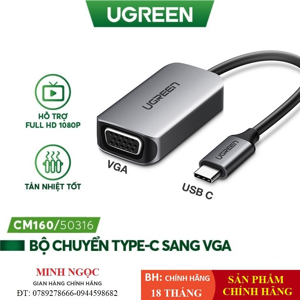 Cáp chuyển đổi USB Type-C sang VGA vỏ nhôm Ugreen 50316 chính hãng