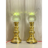 Cặp đèn bàn thờ chân đồng trái đào pha lê khắc hoa sen cao 35cm