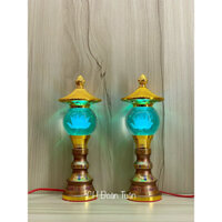 cặp đèn bàn thờ quả cầu pha lê hoa sen mái chùa chân hoa văn