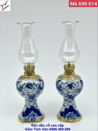 Cặp đèn dầu dáng tròn, mã 690014, bọc viền đồng, vẽ tay hoa sen xanh lam trên men ngọc cao cấp, dung tích 350ml, gốm sứ bát tràng cao cấp