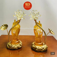 Cặp đèn thờ Bàn Tay Phật ĐẠI PHÁT, Đèn thờ hoa sen lưu ly thân hợp kim cao cấp