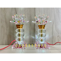 Cặp đèn thờ hoa sen pha lê thân châu tròn chân vuông cao 22cm (pl20)