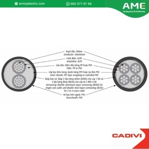 Cáp điện lực hạ thế có giáp bảo vệ 4 lõi cách điện PVC 0.6/1kV CADIVI CV AXV/DSTA 4×70