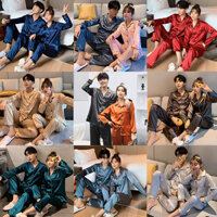 Cặp Đôi Đồ Ngủ Lụa Dài Tay Quần Dài Bộ Đồ Ngủ Nam Nữ Váy Ngủ Màu Trơn Bộ Đồ Ngủ