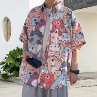 Cặp đôi mùa hè Áo sơ mi hoa ngắn tay hoạt hình dễ thương