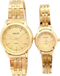 Cặp Đồng Hồ Nam Nữ Halei HL348 Dây vàng Tặng pin Nhật sẵn trong đồng hồ  Móc Khóa gỗ Đồng hồ 888 y hình - Vàng