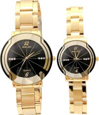 Cặp Đồng Hồ Nam Nữ Halei HL457 Tặng pin Nhật sẵn trong đồng hồ  Móc Khóa gỗ Đồng hồ 888 y hình  hộp chính hãng - Dây vàng - Mặt đen