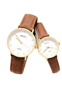 Cặp Đồng Hồ Nam Nữ Halei HL542 Dây da nâu  Tặng pin Nhật sẵn trong đồng hồ  Móc Khóa gỗ Đồng hồ 888 y hình - Trắng