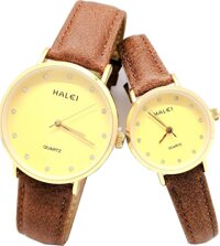 Cặp Đồng Hồ Nam Nữ Halei HL542 Dây da nâu  Tặng pin Nhật sẵn trong đồng hồ  Móc Khóa gỗ Đồng hồ 888 y hình - Vàng