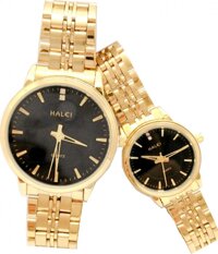Cặp Đồng Hồ Nam Nữ Halei HL552 Tặng pin Nhật sẵn trong đồng hồ  Móc Khóa gỗ Đồng hồ 888 y hình  hộp chính hãng  thẻ bảo hành - Dây vàng - Mặt đen