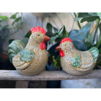 Cặp gà men nâu gốm sứ trang trí sân vườn, tiểu cảnh hồ cá, trang trí kệ tivi phòng khách, bàn làm việc