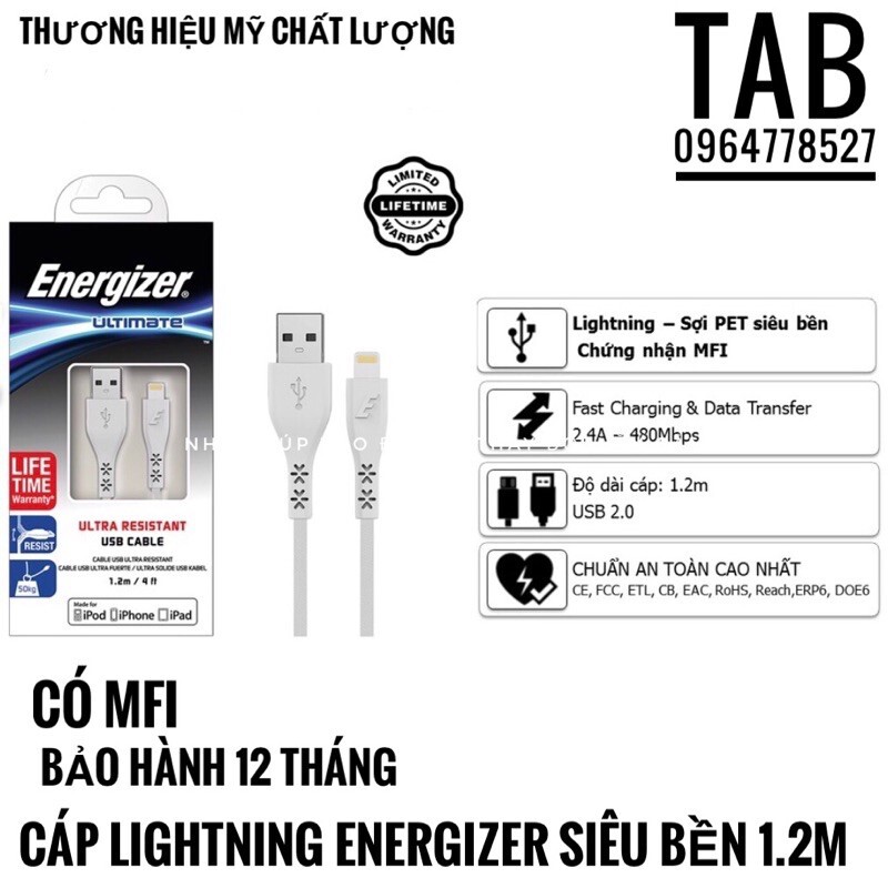 Cáp lightning Energizer C41UBLIG - 1.2m