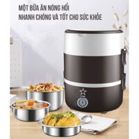 Cặp lồng cơm giữ nhiệt có cắm điện hâm nóng đồ ăn ruột inox cao cấp, cà men nấu cơm và hâm nóng lồng inox 3 tầng