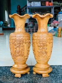 Cặp lục bình lộc bình  trạm khắc tứ quý phong thủy bằng gỗ bách xanh đẹp long lanh kt cao 2510cm