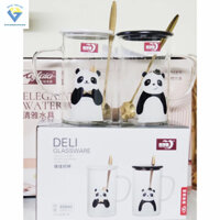 Cặp ly thủy tinh tình yêu chịu nhiệt hình GẤU TRÚC / Bộ 2 ly thủy tinh 550ml chịu nhiệt nắp bằng sứ có tặng kèm muỗng