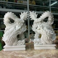 Cặp Rồng Ngậm Ngọc Đá Cẩm Thạch Trắng - cao 23cm