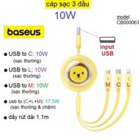 Cáp sạc 3 Đầu Baseus Leo Retractable Charging Cable 3-in-1 USB to M+L+C 3.5A (CB000063)