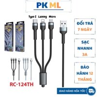 Cáp sạc 3 đầu đa năng Remax chính hãng RC- 124th, 3in1 dây dù cho tất cả các loại điện thoại và sạc dự phòng,..