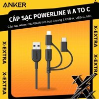 Cáp sạc Anker A8436 PowerLine ll tích hợp 3 trong 1 USB-A sang USB-C với MFI - Bảo hành 12 tháng