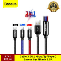 Cáp Sạc Đa Năng 3 Đầu IP - Microusb - Type-C Dài 30cm  120cm Sạc 3 Thiết Bị Cùng Một Lúc Công Suất 3.5A - Hàng Chính Hãng Baseus - 120 cm
