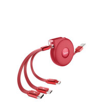 Cáp sạc đa năng cuộn rút 3 trong 1 Android, iOS, Type C, dây cáp sạc điện thoại Hoco - hàng nhập khẩu - đỏ