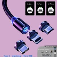 Cáp Sạc Nam Châm Xoay 360 Độ Trọn Bộ 3 Đầu dành cho Iphone Samsung Usb Type C Bọc Dù cao cấp